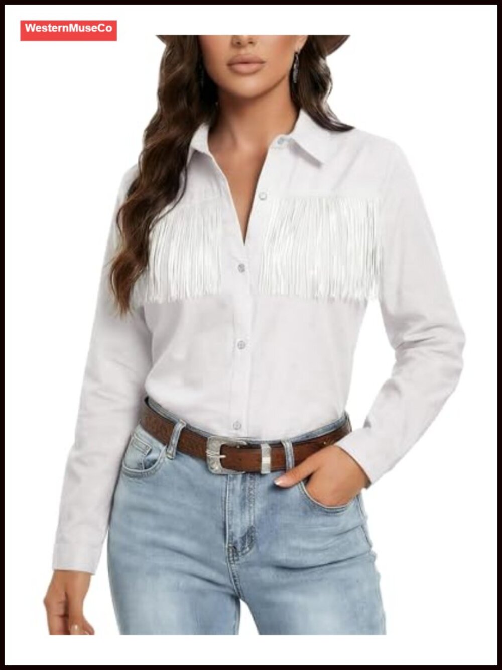 Fringe Western Shirt Pearl Button Cotton Long Sleeve Cowgirl Top Rodeo Concert